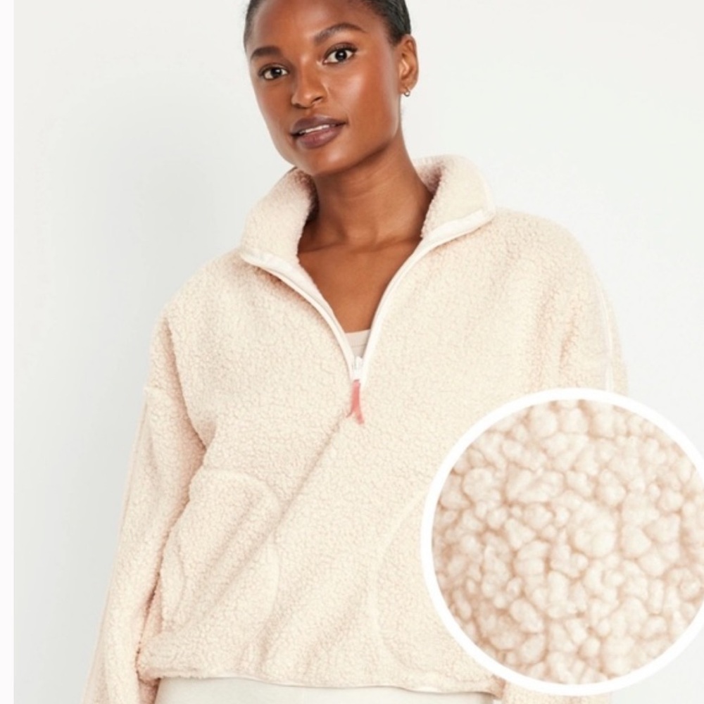 Old Navy Crop Sherpa Quarter Zip Pullover Sweatshirt in Cream - Picture 2 of 11